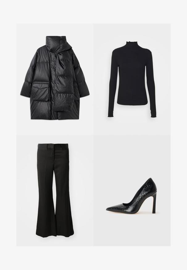 Zwarte gewatteerde jas met hoge kraag, grote zakken en een afneembare sjaal. Gemaakt van glanzend, gestructureerd materiaal met een losse pasvorm.; Zwarte langärmelige turtleneck top van soepel stof, met een gerimpelde hals en een aansluitende silhouet met eenvoudige randen.; Zwarte flared broeken van een gladde stof, met een middelhoge tailleband en een strakke, op maat gemaakte uitstraling zonder zichtbare versieringen.; Zwarte puntige hoge hak schoen met een krokodillenleren textuur, met een slank ontwerp, hoge stiletto-hak, en een gladde zwarte binnenkant.