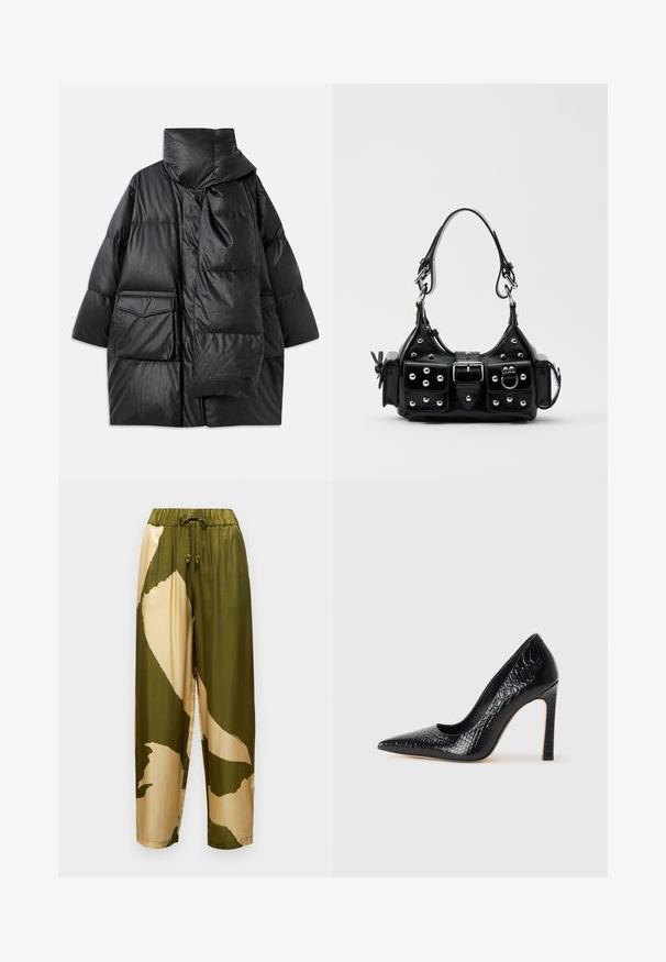 Juodas paminkštintas paltas su aukštu apykakle, didelėmis kišenėmis ir nuimama šaliku. Pagamintas iš blizgaus, tekstūruoto audinio su laisva pritaikymo forma.; Juodas ilgomis rankovėmis turtleneko tipo viršus, pagamintas iš lygaus audinio, su raukšlėtu kaklu ir prigludusia siluetu, turinčiu paprastus kraštus.; Satinės kelnės su alyvuogių žalia ir smėline abstrakčia rašto, elastinga juosmens juosta su raišteliu ir siaurėjančiomis kojomis.; Juoda smailiakulnė aukšto kulno bateliai su krokodilo odos tekstūra, pasižymintys elegantišku dizainu, aukštu stiletu kulnu ir lygia juoda vidine dalimi.; Juodas odinis rankinukas su kreiviu dizainu, su sidabro spalvos knopkėmis, užsegimu ir dviem šoninėmis kišenėmis. Reguliuojama dirželis nešimui.