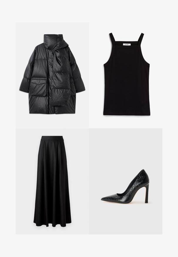 Zwarte gewatteerde jas met hoge kraag, grote zakken en een afneembare sjaal. Gemaakt van glanzend, gestructureerd materiaal met een losse pasvorm.; Zwarte tanktop met dunne spaghettibandjes, gemaakt van ribstof, met een rechte snit en een label op de hals dat "IVY OAK" zegt.; Zwarte rok tot op de vloer met een gladde textuur, brede tailleband en geplooid ontwerp, zonder zichtbare patronen of versieringen.; Zwarte puntige hoge hak schoen met een krokodillenleren textuur, met een slank ontwerp, hoge stiletto-hak, en een gladde zwarte binnenkant.