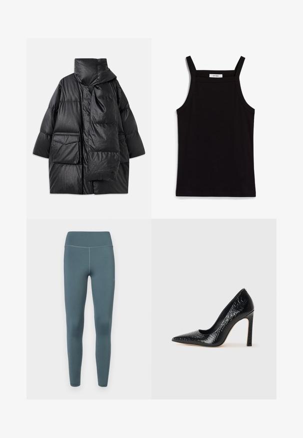 Black padded coat with high collar, large pockets, and a detachable scarf. Made of shiny, textured material with a loose-fitting design.; Black tank top with thin spaghetti straps, made of a ribbed fabric, featuring a straight cut and a label at the neckline reading "IVY OAK."; 7 DAYS Active SIGNATURE TIGHTS - Leggings - Trousers - stormy weather; Black pointed-toe high heel shoe with a crocodile-skin texture, featuring a sleek design, high stiletto heel, and smooth black interior.