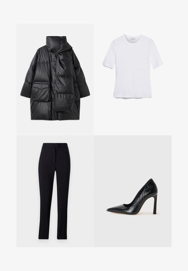 Sort polstret frakke med høj krave, store lommer og et aftageligt tørklæde. Lavet af skinnende, struktureret materiale med en løs pasform.; Hvid kortærmet t-shirt lavet af ribbet stof. Rund halsudskæring, almindelig pasform og subtile syninger. Ingen mønstre eller grafik.; Sorte skræddersyede bukser med lige ben, glat tekstur og uden synlige mønstre eller dekorationer.; Sorte spidse tå stiletto-sko i krokodilleskind med et strømlinet design, høj hæl og glat sort inderside.