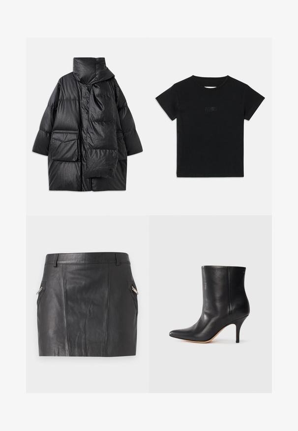 Schwarze gepolsterte Jacke mit hohem Kragen, großen Taschen und einem abnehmbaren Schal. Hergestellt aus glänzendem, strukturiertem Material mit einem lockeren Schnitt.; Schwarzes Baumwoll-T-Shirt mit kurzen Ärmeln, Rundhalsausschnitt und einem kleinen Grafikdruck in einem helleren Farbton auf der Vorderseite.; Schwarzer Leder-Minirock mit glatter Textur, ausgestattet mit schrägen Seitentaschen mit metallischen Reißverschlüssen und einem figurschmeichelnden Design.; Schwarze Leder-Ankle Boots mit spitzem Zeh, schlankem Stiletto-Absatz und glatter Textur. Minimalistisches Design ohne sichtbare Beschläge oder Akzente.