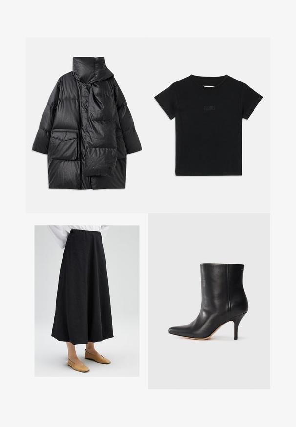 Crni kaput s ulošcima, visokim ovratnikom, velikim džepovima i odvojivim šalom. Izrađen je od sjajnog, teksturiranog materijala s ležernim krojem.; Crna pamučna majica s kratkim rukavima, okruglim izrezom i malim grafičkim otiskom svjetlije nijanse sprijeda.; Crna midi suknja s teksturiranom površinom, koja ima elastičnu liniju struka i lepršavi oblik. Uparena s bež ravnim cipelama.; Crne kožne gležnjače s izdignutim nosom, uskim stiletto potpeticama i glatkom teksturom. Minimalistički dizajn bez vidljivih hardverskih elemenata ili ukrasa.