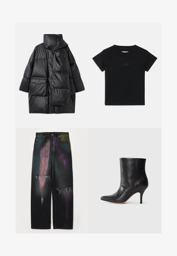 Black padded coat with high collar, large pockets, and a detachable scarf. Made of shiny, textured material with a loose-fitting design.; Black cotton T-shirt with short sleeves, round neckline, and a small graphic print in a lighter shade on the front.; MM6 Maison Margiela PANTS 5 POCKETS - Relaxed fit jeans - black; Black leather ankle boot with pointed toe, slim stiletto heel, and smooth texture. Minimalist design with no visible hardware or accents.