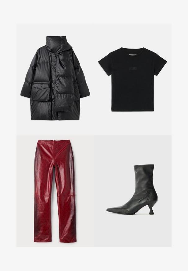 Černý prošívaný kabát s vysokým límcem, velkými kapsami a odnímatelným šátkem. Vyrobený z lesklého, strukturovaného materiálu s volným střihem.; Černé bavlněné tričko s krátkým rukávem, kulatým výstřihem a malým grafickým potiskem ve světlejším odstínu na přední straně.; Červené kalhoty z faux kůže s lesklým povrchem, s jemným embosovaným vzorem, rovnými nohavicemi a zapínáním na zip na zadní straně.; Černá kožená kotníková bota s špičatou špičkou, texturovanou špičkovou částí a štíhlým, kuželovitým podpatkem. Hladký povrch se jemnými švy.