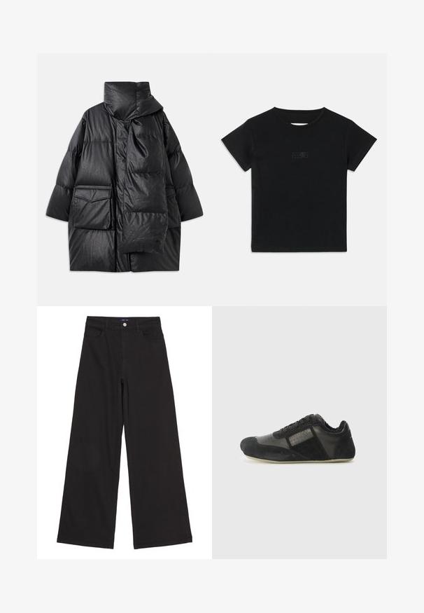 Černý prošívaný kabát s vysokým límcem, velkými kapsami a odnímatelným šátkem. Vyrobený z lesklého, strukturovaného materiálu s volným střihem.; Černé bavlněné tričko s krátkým rukávem, kulatým výstřihem a malým grafickým potiskem ve světlejším odstínu na přední straně.; Černé široké kalhoty z denimového materiálu, s vysokým pasem, předními kapsami a jedním kovovým knoflíkem na pase, hladká textura.; Černá atletická obuv vyrobená z nubuku a kůže. Má zaoblenou špičku, šněrování, texturované detaily a flexibilní podrážku.