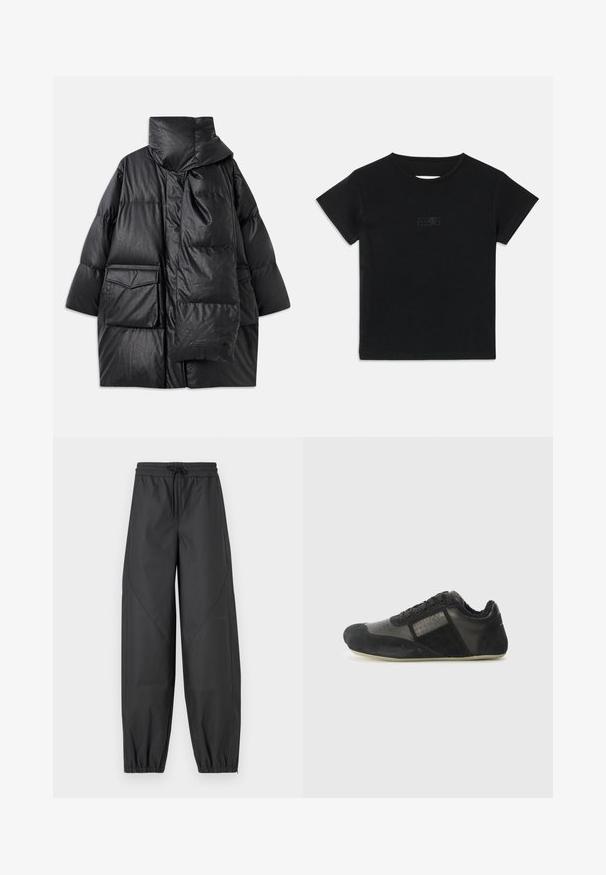 Černý prošívaný kabát s vysokým límcem, velkými kapsami a odnímatelným šátkem. Vyrobený z lesklého, strukturovaného materiálu s volným střihem.; Černé bavlněné tričko s krátkým rukávem, kulatým výstřihem a malým grafickým potiskem ve světlejším odstínu na přední straně.; Černé, volné sportovní kalhoty s elastickým pasem a šňůrkou na stažení. Mají zúžené manžety a ploché švy pro hladký finiš.; Černá atletická obuv vyrobená z nubuku a kůže. Má zaoblenou špičku, šněrování, texturované detaily a flexibilní podrážku.