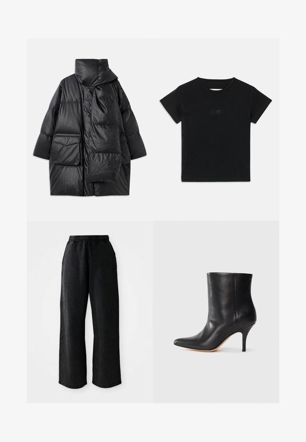 Črn podložen plašč z visokim ovratnikom, velikimi žepi in snemljivo ruto. Narejen iz sijočega, teksturiranega materiala z ohlapno zasnovo.; Črna bombažna majica s kratkimi rokavi, okroglo izreza in majhnim grafičnim tiskom v svetlejši barvi spredaj.; Črne denim jogger hlače z elastičnim pasom, širokimi nogavicami in stranskimi žepi. Imajo gladko teksturo in kontrastno šivanje.; Črne usnjene gležnjarje s koničastim nosom, ozkim stiletto peto in gladko teksturo. Minimalističen dizajn brez vidnih kovinskih delov ali dekoracij.