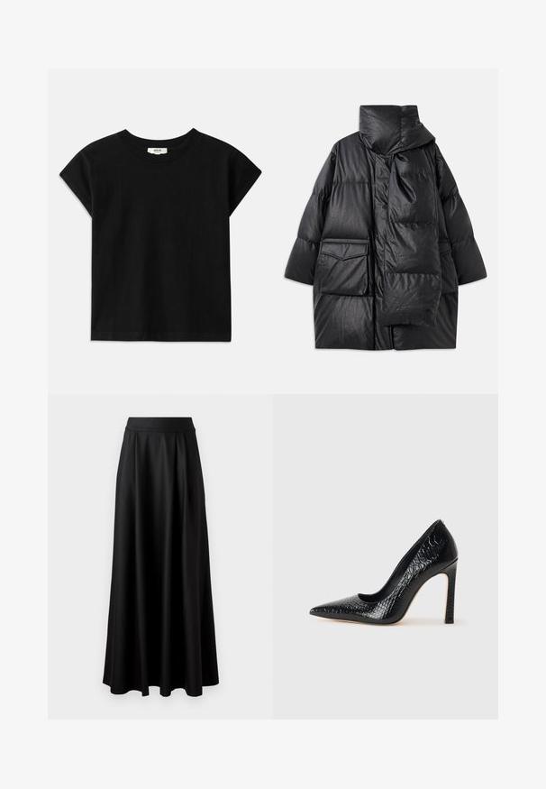 Fekete, párnázott kabát magas gallérral, nagy zsebekkel és levehető sállal. Fényes, textúrált anyagból készült, laza szabású.; Fekete pamut póló kerek nyakkal, rövid, kis ujjúujjakkal és egyenes fazonnal. Simább textúra minimális részletezéssel.; Fekete, földig érő szoknya sima textúrával, széles derékrésszel és plisszézett dizájnnal, látható minták vagy díszítések nélkül.; Fekete hegyes orrú magassarkú cipő krokodilbőr textúrával, letisztult dizájnnal, magas tűsarkú és sima fekete belső résszel.