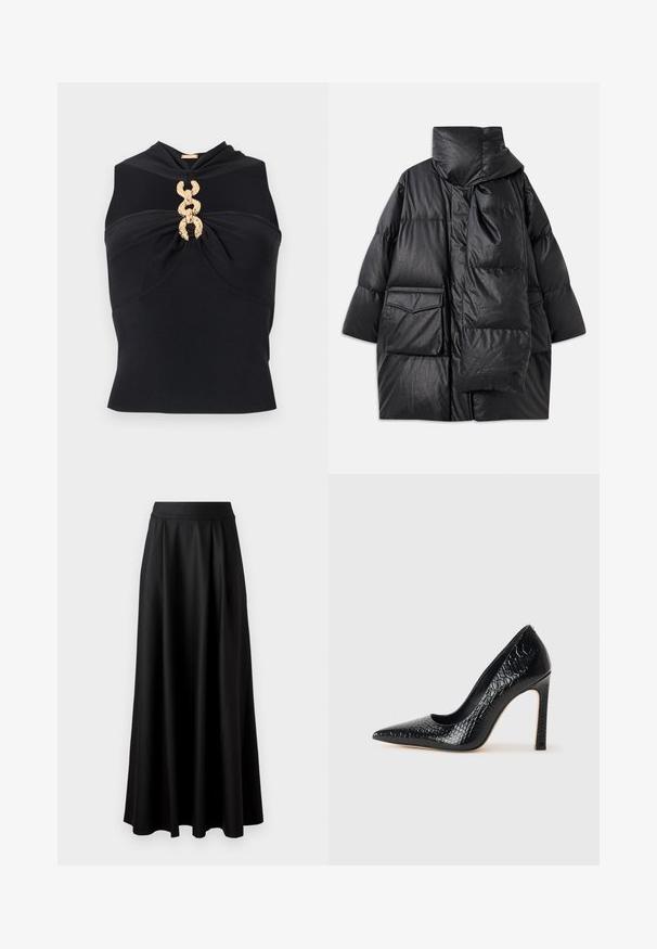 Cappotto imbottito nero con colletto alto, ampie tasche e sciarpa staccabile. Realizzato in materiale lucido e testurizzato, con un design svasato.; Top nero senza maniche con un design frontale attorcigliato, caratterizzato da una fascia dorata al centro e una texture a coste su tutta la superficie.; Gonna nera lunga fino al pavimento con una texture liscia, vita alta ampia e design plissè, priva di motivi visibili o decorazioni.; Scarpa nera con punta a punta alta in pelle di coccodrillo, caratterizzata da un design elegante, alto tacco a spillo e interno nero liscio.