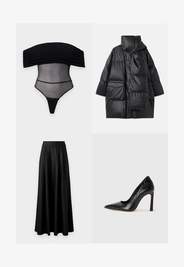 Manteau noir rembourré avec un col haut, de grandes poches et une écharpe amovible. Fabriqué en matériau brillant et texturé avec une coupe ample.; Undress Code Débardeur - black; Jupe longue noire avec une texture lisse, une taille large et un design plissé, sans motifs ni embellissements visibles.; Escarpin noir à bout pointu avec texture en cuir de crocodile, présentant un design élégant, un haut talon aiguille et un intérieur noir lisse.