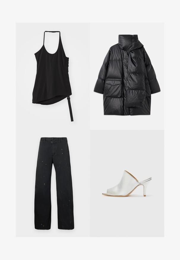 Melna pildīta jaka ar augstu apkakli, lielām kabatām un noņemamu šalli. Izgatavota no spīdīga, tekstūrāta materiāla ar brīvu piegriezumu.; Helmut Lang WIND HARNESS - Tops - black; MM6 Maison Margiela PANTS - Brīva piegriezuma džinsi - black; Sudraba peep-toe čības ar gludu, spīdīgu apdari, zemu stiletto papēdi un atvērtu aizmuguri, kas nodrošina vieglu uzvilkšanu.