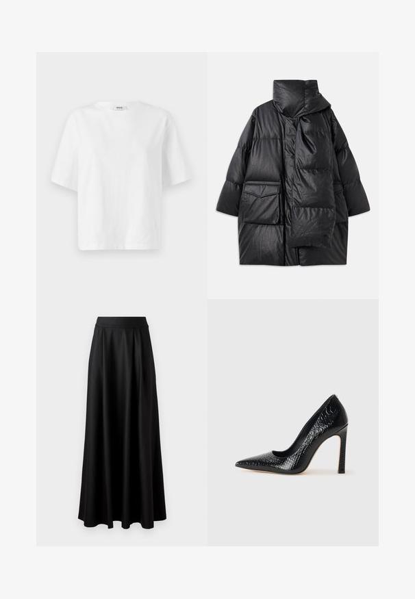 Cappotto imbottito nero con colletto alto, ampie tasche e sciarpa staccabile. Realizzato in materiale lucido e testurizzato, con un design svasato.; Maglietta bianca a maniche corte in cotone, con scollatura a girocollo e una vestibilità ampia e squadrata con dettagli di cucitura minimi.; Gonna nera lunga fino al pavimento con una texture liscia, vita alta ampia e design plissè, priva di motivi visibili o decorazioni.; Scarpa nera con punta a punta alta in pelle di coccodrillo, caratterizzata da un design elegante, alto tacco a spillo e interno nero liscio.