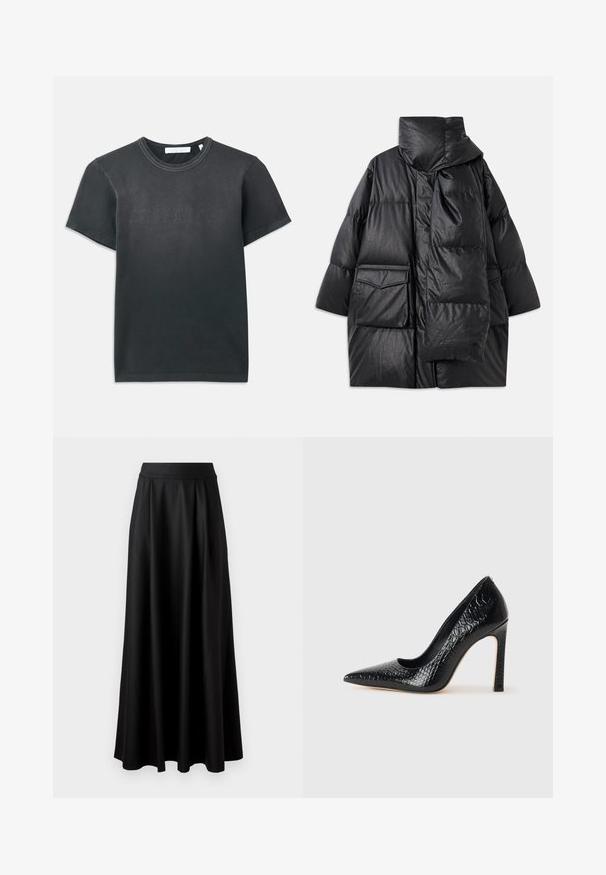 Czarna pikowana kurtka z wysokim kołnierzem, dużymi kieszeniami i odpinanym szalikiem. Wykonana z błyszczącego, strukturalnego materiału o luźnym kroju.; Czarna bawełniana koszulka z krótkim rękawem, z żebrowanym okrągłym dekoltem i wytłoczonym logo "HELMUT LANG" z przodu. Gładka faktura.; Czarna spódnica do ziemi o gładkiej fakturze, szerokim pasie i plisowanym wzorze, bez widocznych wzorów czy ozdób.; Czarne szpilki z ostrym noskiem, pokryte teksturą skóry krokodyla, charakteryzujące się eleganckim wzornictwem, wysokim obcasem w stylu stiletto oraz gładkim czarnym wnętrzem.