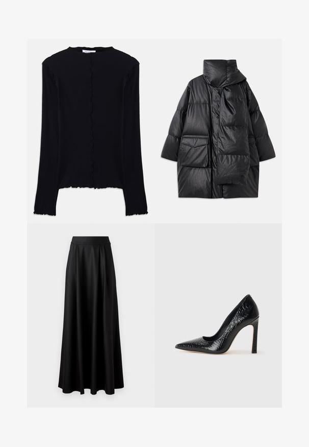 Melna pildīta jaka ar augstu apkakli, lielām kabatām un noņemamu šalli. Izgatavota no spīdīga, tekstūrāta materiāla ar brīvu piegriezumu.; Melnā garo piedurkņu blūze no mīksta auduma. Tam ir viļņots kakla izgriezums un apmale, kā arī vienkārša, pieguļoša forma. Nav papildu rotājumu.; Melnas, grīdai pieguļošas svārki ar gludu tekstūru, platām jostām un pleitu dizainu, bez redzamām apdrukām vai rotājumiem.; Melni augstpapēžu apavi ar norādītu purngalu, ar krokodila ādas tekstūru, izceļoties ar elegantu dizainu, augstu stiletto papēdi un gludu melnu interjeru.