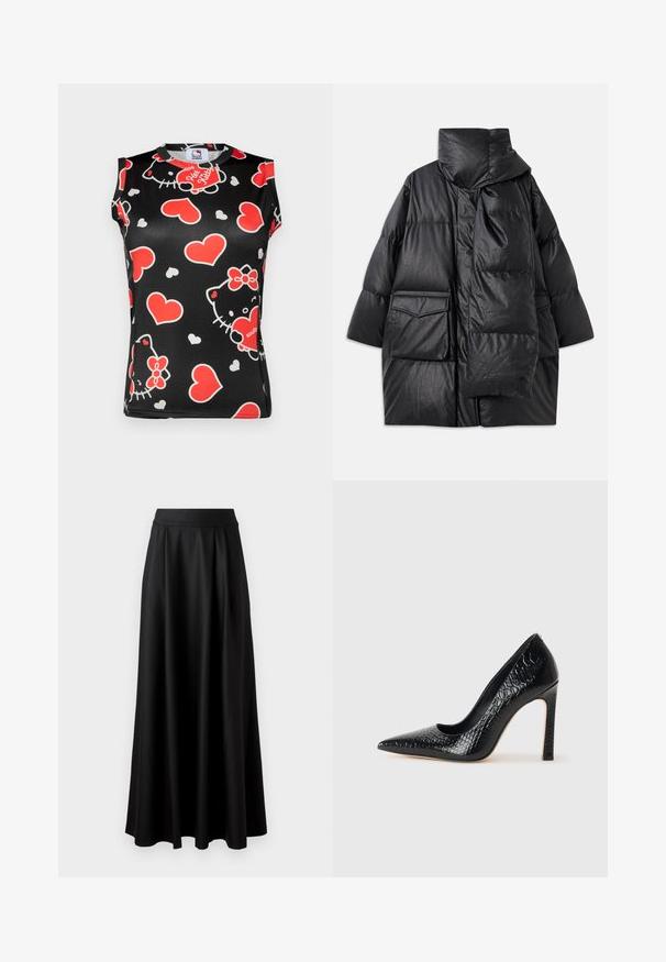 Casaco acolchoado preto com colarinho alto, grandes bolsos e um cachecol destacável. Feito de um material brilhante e texturizado, com um design de corte solto.; Top sem mangas preto com um padrão colorido de rostos da Hello Kitty e corações vermelhos. Feito de um tecido suave com decote redondo.; Saia preta, até ao chão, com uma textura suave, faixa larga na cintura e design plissado, apresentando nenhum padrão ou adornos visíveis.; Sapato de salto alto de bico fino preto com textura de pele de crocodilo, apresentando um design elegante, salto agulha alto e interior preto suave.