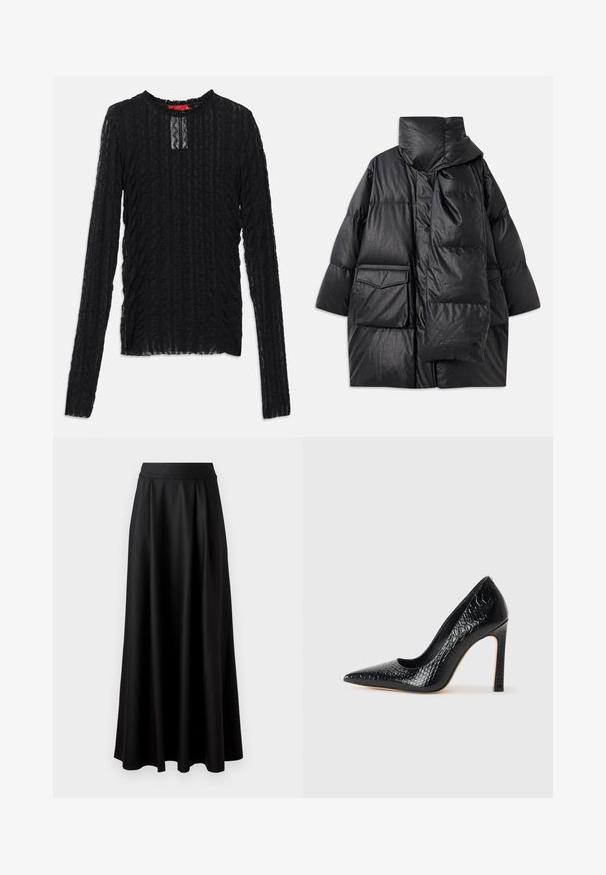 Musta vuorattu takki korkealla kauluksella, suurilla taskuilla ja irrotettavalla huivilla. Valmistettu kiiltävästä, tekstuurista materiaalista, jossa on väljä istuvuus.; Mustassa pitkähihaisessa paidassa on teksturoitu pitsi, pyöreä pääntie, hienovarainen suorakulmainen leikkuu ja ribatusta kuviosta koostuva pinta.; Mustat, lattiapituinen hame, jossa on sileä pinta, leveä vyötäröosa ja plissoitu muotoilu, ilman näkyviä kuvioita tai koristeita.; Musta kapea nilkkakorkokenkä krokotiilin nahkakuviolla, joka on varustettu tyylikkäällä muotoilulla, korkealla stiletto-korkealla ja sileällä mustalla sisäosalla.