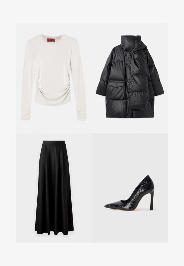 Black padded coat with high collar, large pockets, and a detachable scarf. Made of shiny, textured material with a loose-fitting design.; Long-sleeve cream top with ruched sides and sleeves, round neckline, and a red label inside the collar.; Black, floor-length skirt with a smooth texture, wide waistband, and pleated design, featuring no visible patterns or embellishments.; Black pointed-toe high heel shoe with a crocodile-skin texture, featuring a sleek design, high stiletto heel, and smooth black interior.