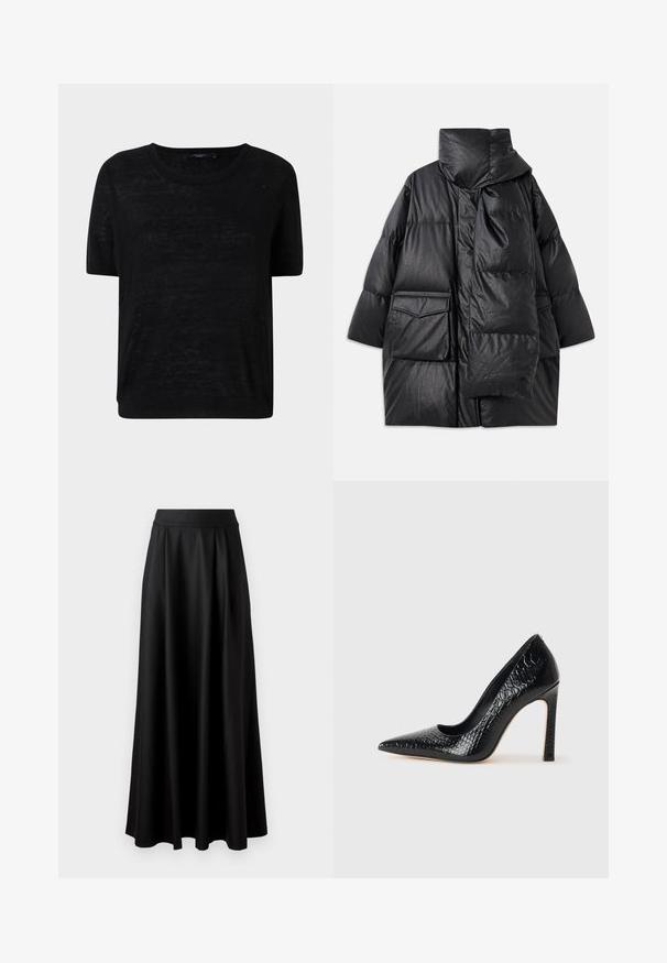 Czarna pikowana kurtka z wysokim kołnierzem, dużymi kieszeniami i odpinanym szalikiem. Wykonana z błyszczącego, strukturalnego materiału o luźnym kroju.; Czarny krótki top z krótkim rękawem wykonany z lekkiego, lekko przezroczystego materiału, z okrągłym dekoltem i luźnym krojem, z detalami w postaci prążkowanego wykończenia.; Czarna spódnica do ziemi o gładkiej fakturze, szerokim pasie i plisowanym wzorze, bez widocznych wzorów czy ozdób.; Czarne szpilki z ostrym noskiem, pokryte teksturą skóry krokodyla, charakteryzujące się eleganckim wzornictwem, wysokim obcasem w stylu stiletto oraz gładkim czarnym wnętrzem.