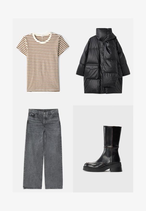 Melna pildīta jaka ar augstu apkakli, lielām kabatām un noņemamu šalli. Izgatavota no spīdīga, tekstūrāta materiāla ar brīvu piegriezumu.; Svītrainā T-kreklā ir brūnas un baltas horizontālās svītras, īsās piedurknes un krēmkrāsas apkakle, izgatavota no mīksta, teksturēta auduma.; Platīna džinsi tumši pelēkā denimā. Iezīmē augstu vidukli, piecu kabatu dizainu un priekšējo pogu aizdari. Gluda tekstūra ar vieglu izbalēšanu.; Melnas ādas potītes zābaki ar bloku papēdi, kas izceļas ar kontrastējošu šuvju un izliekta pirksta dizainu. Gluda tekstūra, eleganta silueta.