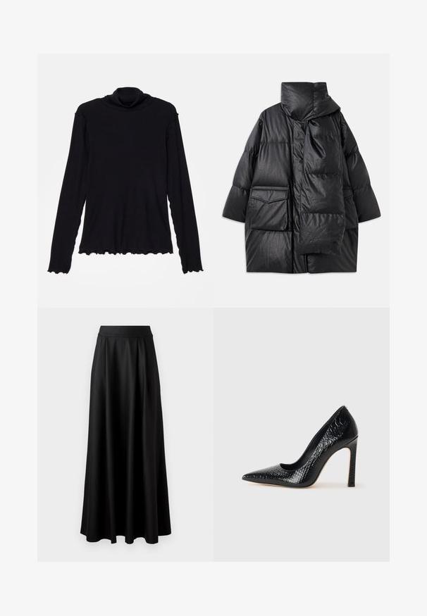 Musta vuorattu takki korkealla kauluksella, suurilla taskuilla ja irrotettavalla huivilla. Valmistettu kiiltävästä, tekstuurista materiaalista, jossa on väljä istuvuus.; Rodebjer CISNE  - Pitkähihainen paita - black; Mustat, lattiapituinen hame, jossa on sileä pinta, leveä vyötäröosa ja plissoitu muotoilu, ilman näkyviä kuvioita tai koristeita.; Musta kapea nilkkakorkokenkä krokotiilin nahkakuviolla, joka on varustettu tyylikkäällä muotoilulla, korkealla stiletto-korkealla ja sileällä mustalla sisäosalla.