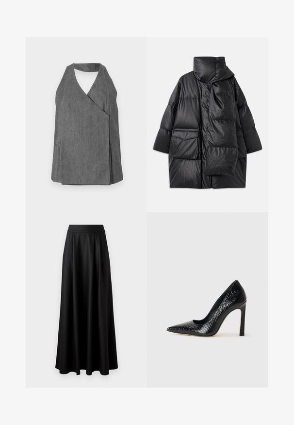 Fekete, párnázott kabát magas gallérral, nagy zsebekkel és levehető sállal. Fényes, textúrált anyagból készült, laza szabású.; Szürke farmer anyagú halter felső, amely körbefordítható kialakítású, V-kivágással és oldalsó hasítékokkal rendelkezik. Simá textura finom varrással.; Fekete, földig érő szoknya sima textúrával, széles derékrésszel és plisszézett dizájnnal, látható minták vagy díszítések nélkül.; Fekete hegyes orrú magassarkú cipő krokodilbőr textúrával, letisztult dizájnnal, magas tűsarkú és sima fekete belső résszel.