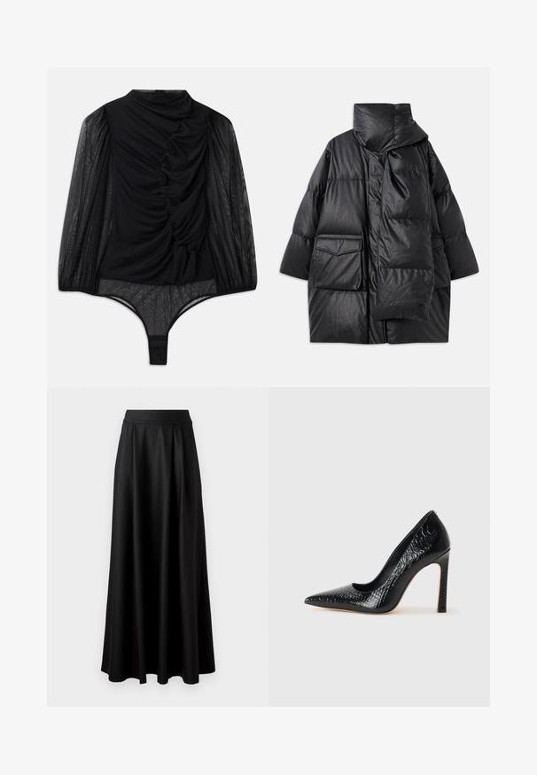 Black padded coat with high collar, large pockets, and a detachable scarf. Made of shiny, textured material with a loose-fitting design.; Hofmann Copenhagen FABIENNE - Long sleeved top - black; Black, floor-length skirt with a smooth texture, wide waistband, and pleated design, featuring no visible patterns or embellishments.; Black pointed-toe high heel shoe with a crocodile-skin texture, featuring a sleek design, high stiletto heel, and smooth black interior.
