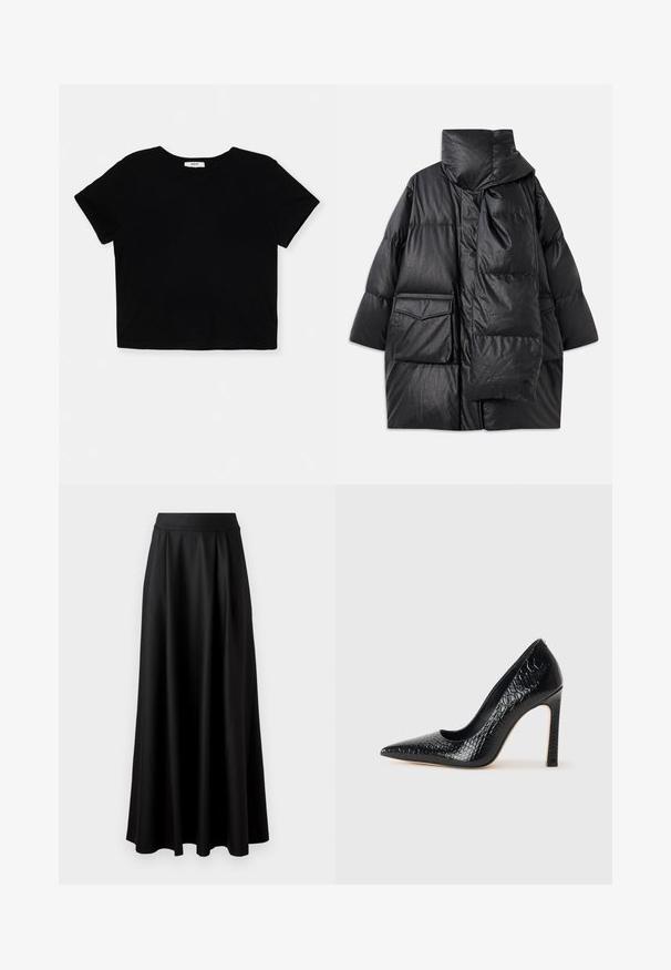 Crni kaput s ulošcima, visokim ovratnikom, velikim džepovima i odvojivim šalom. Izrađen je od sjajnog, teksturiranog materijala s ležernim krojem.; Crni kratki majica napravljena od mekanog pamuka, ima kratke rukave, okrugli izrez i čistu ivicu bez ukrasa.; Crna suknja do poda s glatkom teksturom, širokim pojasom i nabranim dizajnom, bez vidljivih uzoraka ili ukrašavanja.; Crne visoke potpetice s oštrim prstima, od teksture krokodilske kože, elegantnog dizajna, visoke stiletto potpetice i glatkog crnog unutrašnjosti.
