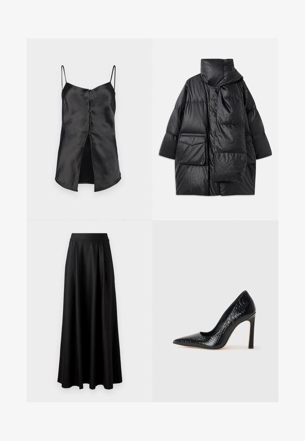 Czarna pikowana kurtka z wysokim kołnierzem, dużymi kieszeniami i odpinanym szalikiem. Wykonana z błyszczącego, strukturalnego materiału o luźnym kroju.; Czarna satynowa koszulka na ramiączkach z cienkimi paskami, z zapinaniem na guziki z przodu i rozcięciem na hemie dla dodatkowego akcentu. Gładka tekstura i minimalistyczny design.; Czarna spódnica do ziemi o gładkiej fakturze, szerokim pasie i plisowanym wzorze, bez widocznych wzorów czy ozdób.; Czarne szpilki z ostrym noskiem, pokryte teksturą skóry krokodyla, charakteryzujące się eleganckim wzornictwem, wysokim obcasem w stylu stiletto oraz gładkim czarnym wnętrzem.