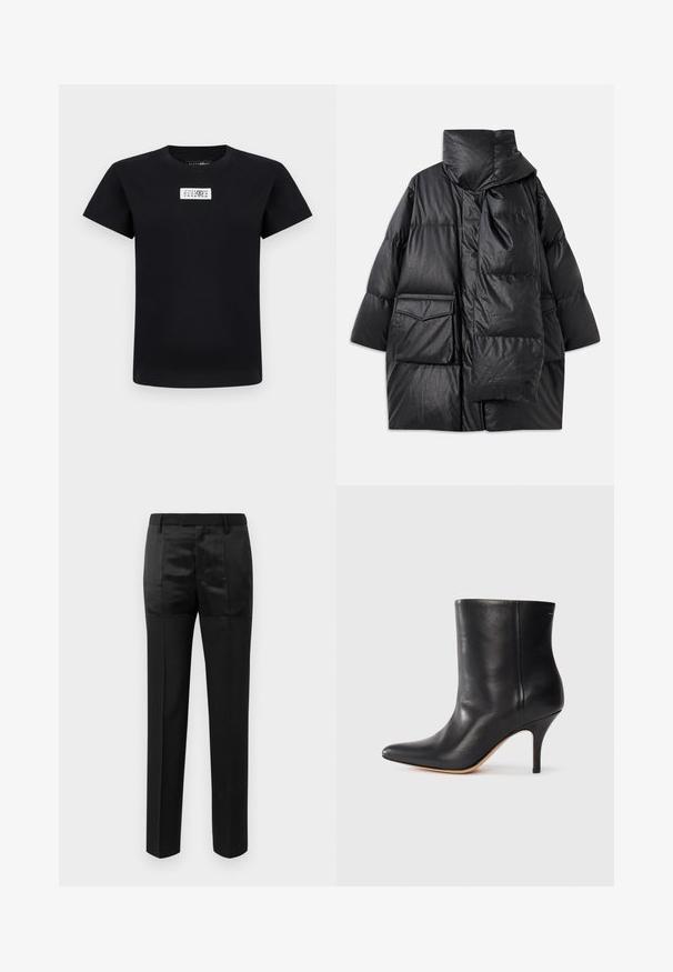 Černý prošívaný kabát s vysokým límcem, velkými kapsami a odnímatelným šátkem. Vyrobený z lesklého, strukturovaného materiálu s volným střihem.; Černé tričko s krátkým rukávem s bílou obdélníkovou nášivkou na hrudi, na které jsou černá čísla uspořádaná do řad.; Černé kalhoty na míru se rovnými nohavicemi a pasem s poutky na opasek, které se vyznačují kombinací matných a lesklých panelů tkaniny.; Černá kožená kotníková bota s špičatou špičkou, štíhlým jehlovým podpatkem a hladkým povrchem. Minimalistický design bez viditelného hardwaru nebo akcentů.