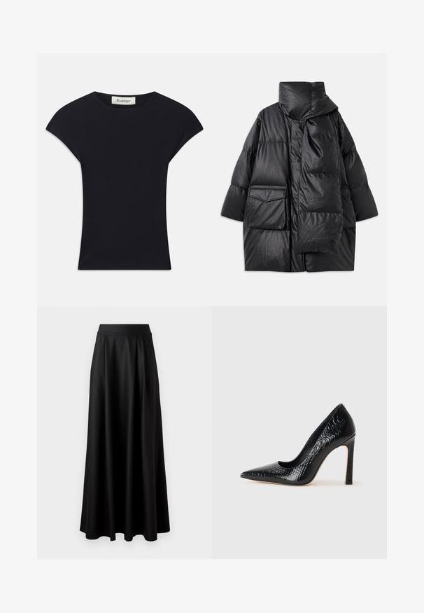 Fekete, párnázott kabát magas gallérral, nagy zsebekkel és levehető sállal. Fényes, textúrált anyagból készült, laza szabású.; Fekete, rövid ujjú felső, puha anyagból készült, kerek nyakkivágással és testhez simuló fazonnal, finom vállrész részletekkel. Címke látható.; Fekete, földig érő szoknya sima textúrával, széles derékrésszel és plisszézett dizájnnal, látható minták vagy díszítések nélkül.; Fekete hegyes orrú magassarkú cipő krokodilbőr textúrával, letisztult dizájnnal, magas tűsarkú és sima fekete belső résszel.