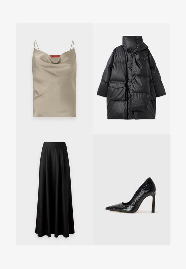 Black padded coat with high collar, large pockets, and a detachable scarf. Made of shiny, textured material with a loose-fitting design.; Satin camisole in light taupe with a draped neckline, thin adjustable straps, and diagonal seam detailing. Brand label in red at the back.; Black, floor-length skirt with a smooth texture, wide waistband, and pleated design, featuring no visible patterns or embellishments.; Black pointed-toe high heel shoe with a crocodile-skin texture, featuring a sleek design, high stiletto heel, and smooth black interior.