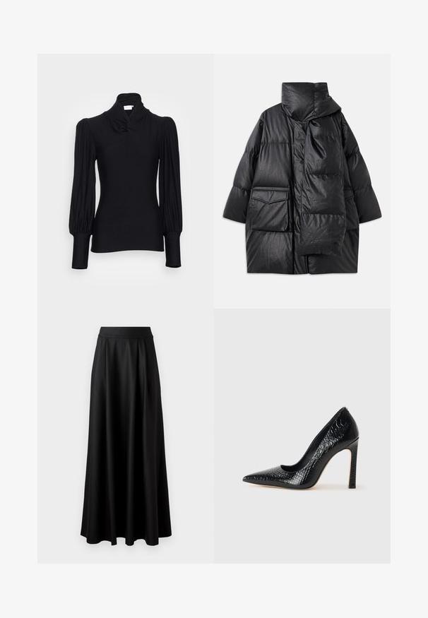 Musta vuorattu takki korkealla kauluksella, suurilla taskuilla ja irrotettavalla huivilla. Valmistettu kiiltävästä, tekstuurista materiaalista, jossa on väljä istuvuus.; Musta pitkähihaine paita korkealla kauluksella, jossa on rypytetyt olkapäät ja istuvat hihat. Valmistettu sileästä, joustavasta materiaalista.; Mustat, lattiapituinen hame, jossa on sileä pinta, leveä vyötäröosa ja plissoitu muotoilu, ilman näkyviä kuvioita tai koristeita.; Musta kapea nilkkakorkokenkä krokotiilin nahkakuviolla, joka on varustettu tyylikkäällä muotoilulla, korkealla stiletto-korkealla ja sileällä mustalla sisäosalla.