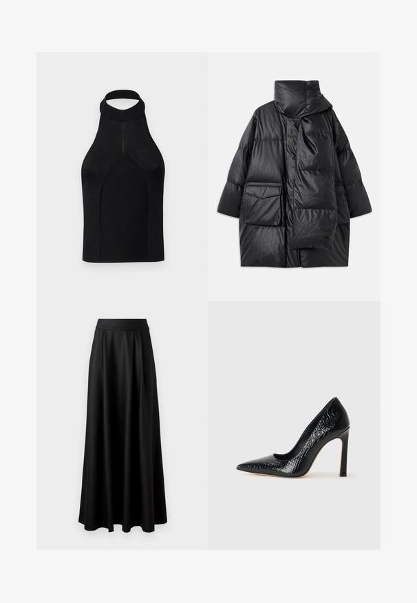 Černý prošívaný kabát s vysokým límcem, velkými kapsami a odnímatelným šátkem. Vyrobený z lesklého, strukturovaného materiálu s volným střihem.; Černý halter top s přiléhavým střihem, vyrobený z žebrovaného úpletu. Má vysoký límec a bezešvý design s hladkou texturou.; Černá sukně až na podlahu s hladkou strukturou, širokým pasem a sklady, bez viditelných vzorů nebo ozdob.; Černý lodičkový bot s špičatou špičkou, pokrytý texturou krokodýlí kůže, s elegantním designem, vysokým stiletto podpatkem a hladkým černým interiérem.