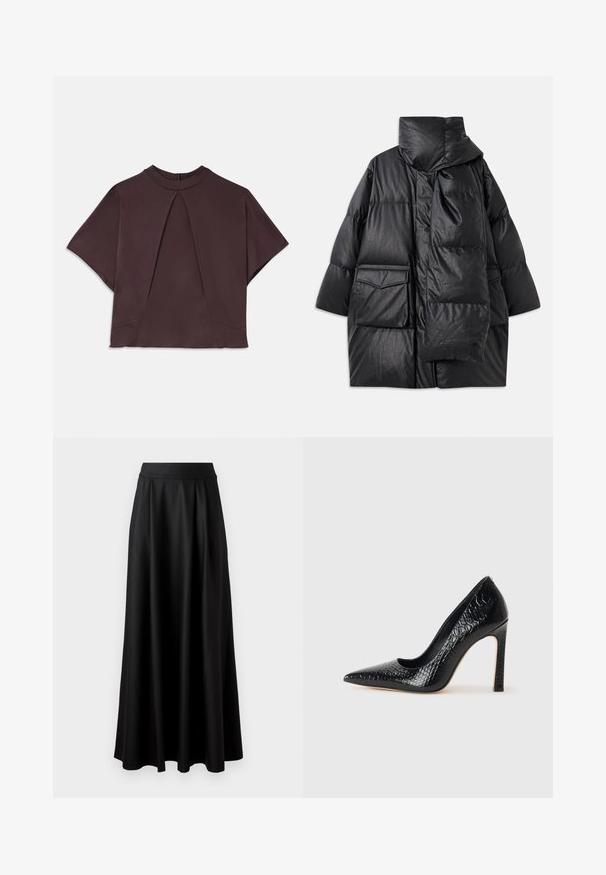 Must mustrikkidega must paks kork, millel on kõrge krae, suured taskud ja eemaldatav sall. Valmistatud läikivast, tekstuuriga materjalist, millel on vabalt langev disain.; Tumepruun lühikeste varrukatega top kõrge kaelusega, millel on ees narmaste efekt ja peened külgõmblused, valmistatud siledast, tekstuuriga kangast.; Mustmust pikk, must seelik, millel on sile tekstuur, lai vöökoht ja volditud disain, ilma nähtavate mustrite või kaunistusteta.; Mustan teravaotsaga kõrge kontsaga king, millel on krokodillimustriga tekstuur, stiilne disain, kõrge stilettokonts ja sile must sisesisustus.