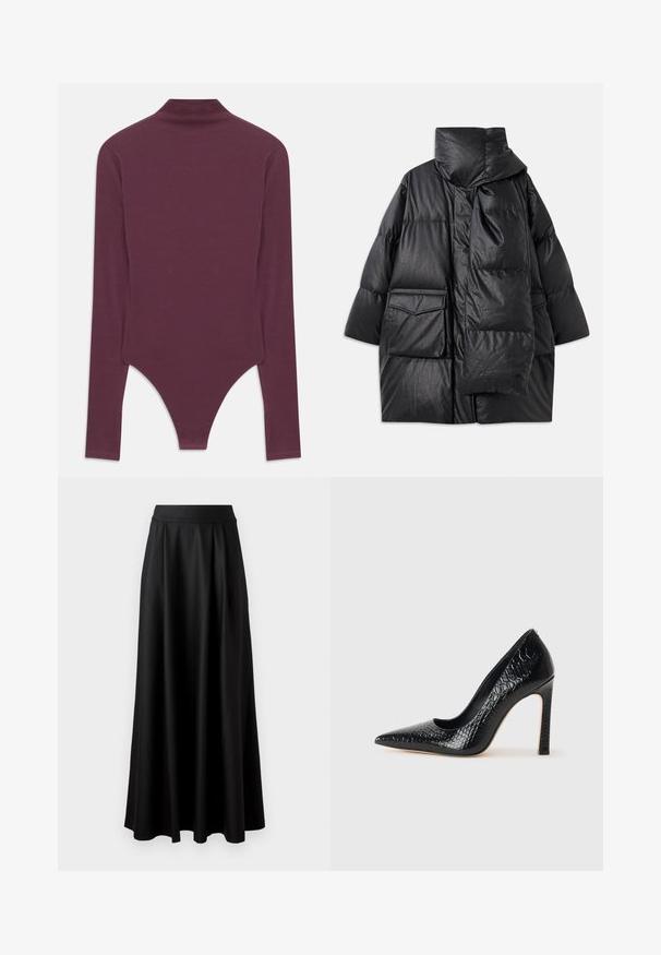 Musta vuorattu takki korkealla kauluksella, suurilla taskuilla ja irrotettavalla huivilla. Valmistettu kiiltävästä, tekstuurista materiaalista, jossa on väljä istuvuus.; Bodysuit pitkillä hihoilla burgundinpunaisena, jossa on korkea kaulus, valmistettu pehmeästä kankaasta ja jossa on kiilaleikkaus alaosassa sekä tiukat hihat.; Mustat, lattiapituinen hame, jossa on sileä pinta, leveä vyötäröosa ja plissoitu muotoilu, ilman näkyviä kuvioita tai koristeita.; Musta kapea nilkkakorkokenkä krokotiilin nahkakuviolla, joka on varustettu tyylikkäällä muotoilulla, korkealla stiletto-korkealla ja sileällä mustalla sisäosalla.