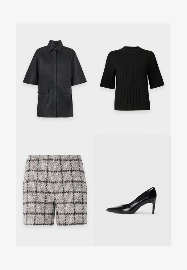 Schwarze Lederoversized-Hemdjacke mit Kragen, kurzen Ärmeln, vorderer Knopfverschluss und zwei frontalen aufgesetzten Taschen. Glatte Textur.; Schwarzer kurzärmeliger Pullover mit gerippter Textur und hohem Ausschnitt, der vertikale Linien und eine taillierte Silhouette aufweist.; Tweed-Shorts in einer neutralen Farbe mit einem schwarz-weißen Karomuster. Merkmale dekorative Knöpfe auf der Vorderseite. Texturierter Stoff.; Schwarzer Lederhochschuh mit spitzem Zehenbereich, glatter Textur und schmalem Absatz. Minimalistisches Design, keine zusätzlichen Verzierungen.