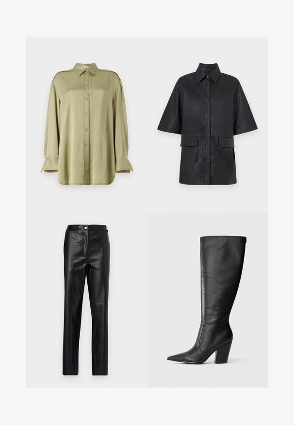 Juodas odinis per didelis švarkas su apykakle, trumpomis rankovėmis, priekiniais mygtukais ir dviem priekinėmis kišenėmis. Glotnus paviršius.; Tamsiai žalia bliuskutė, pagaminta iš lygaus audinio, su apykakle, sagų užsegimu, ilgomis rankovėmis su įsiuvais ir nelygiais kraštais.; Juodos dirbtinės odos kelnės su krokodilo raštu, siauras kirpimas, tiesaus kirpimo dizainas, su priekiniais sagos uždarymu ir standartine juosmens juosta.; Juodos aulinės odos botai iki kelių su smaigalio formos pirštu ir masyviu aukštu kulnu, pavaizduoti kairėje profilyje ant balto fono.