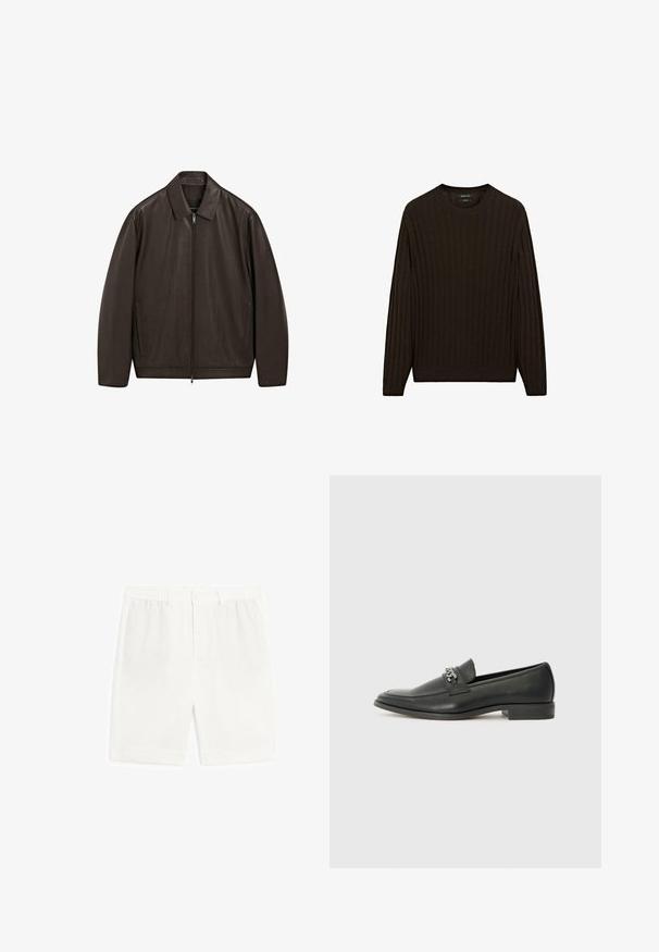Dunkelbraune Lederjacke mit durchgehendem Reißverschluss, spitzem Kragen und vertikalen Seitentaschen, auf einem weißen Hintergrund präsentiert.; Brauner gerippter Pullover mit langen Ärmeln und rundem Ausschnitt. Verfügt über einen strukturierten Stoff und eine figurbetonte Passform an der Taille und den Bündchen.; Weiße maßgeschneiderte Shorts mit flachem Bund, elastischem Taillenband und ohne Taschen. Hergestellt aus leichtem Stoff, der eine glatte Textur aufweist.; Schwarzer Lederloafer mit glatter Oberfläche, ausgestattet mit einer gesteppten Gestaltung und einem dekorativen Metallkettendetail über dem Vorderblatt. Flacher Absatz.