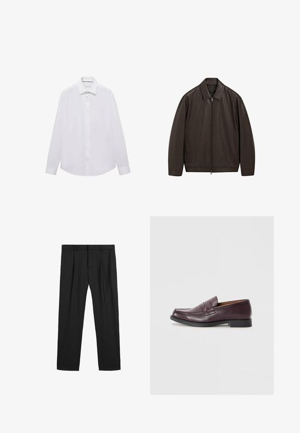 Donkerbruine leren jas met volledige rits aan de voorkant, puntige kraag en verticale zijzakken, gepresenteerd op een witte achtergrond.; Mango Overhemd - white; Zwarte geplooide broeken gemaakt van een gladde stof, met een traditionele tailleband en een recht gesneden ontwerp. Geen zichtbare patronen of hardware.; Bordeaux leren loafers met een ronde neus, subtiele stiksels en een lage zwarte zool. Klassiek ontwerp met minimale versieringen.