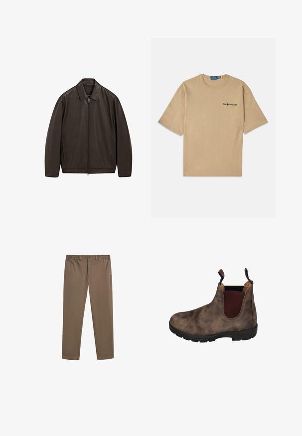 Mørkebrun læderjakke med fuld frontlynlås, spidse kraver og lodrette sidelommer, vist på en hvid baggrund.; Beige bomulds t-shirt med korte ærmer, rund halsudskæring og et lille sort logo på venstre brystområde. Blød tekstur.; Brune bomulds chinos med lige ben design, elastisk talje og forlommer. Glat tekstur og minimale syningsdetaljer.; Brune læder ankelstøvle med elastiske sidepaneler, tekstureret finish, sort gummisål og en pull-tab ved hælen for nem påtagning.