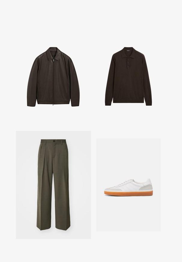 Dark brown leather jacket with full front zipper, pointed collar, and vertical side pockets, displayed on a white background.; Dark brown long-sleeve polo shirt with three buttons and a classic collar, displayed on a white background.; Filippa K WIDE TROUSERS - Trousers - driftwood; White sneaker with grey suede accents, flat lace-up design, and orange rubber sole. Features three stripes on the side for branding.