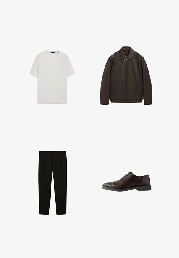 Mørkebrun læderjakke med fuld frontlynlås, spidse kraver og lodrette sidelommer, vist på en hvid baggrund.; Hvid kortærmet t-shirt lavet af bomuld, med rund udskæring og en afslappet pasform uden synlige mønstre eller detaljer.; Sorte skræddersyede bukser lavet af glat stof. Funktioner inkluderer flad front, brede ben og en knaplukning i taljen.; Mørk bordeaux læder snøresko med en rund tå, flad sort sål, minimal syninger og glat overflade.