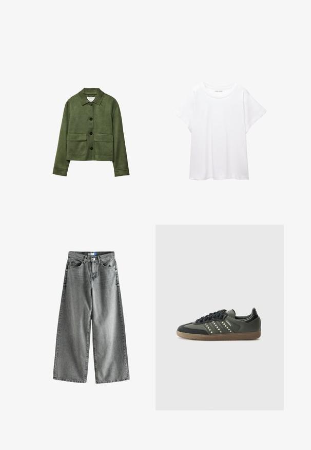 Vihreä mokkatakki, jossa on kauluspääntie, etupainonappisulku ja kaksi suurta läpällistä taskua. Tässä takissa on pitkät hihat ja se on lyhyt malliltaan.; Valkoinen T-paita, joka on valmistettu pehmeästä ja kevyestä kankaasta. Omistaa pyöreän kaula-aukon ja lyhyet, leveät hihat rentoa istuvuutta varten. Ei näkyviä kuvioita.; Löysät farkut haalistuneessa harmaassa denimissä, joissa on korkea vyötärö, viiden taskun malli ja hienovaraiset kulumisdetaljit.; adidas Originals SAMBA OG - Matalavartiset tennarit - core black/legend earth/gum