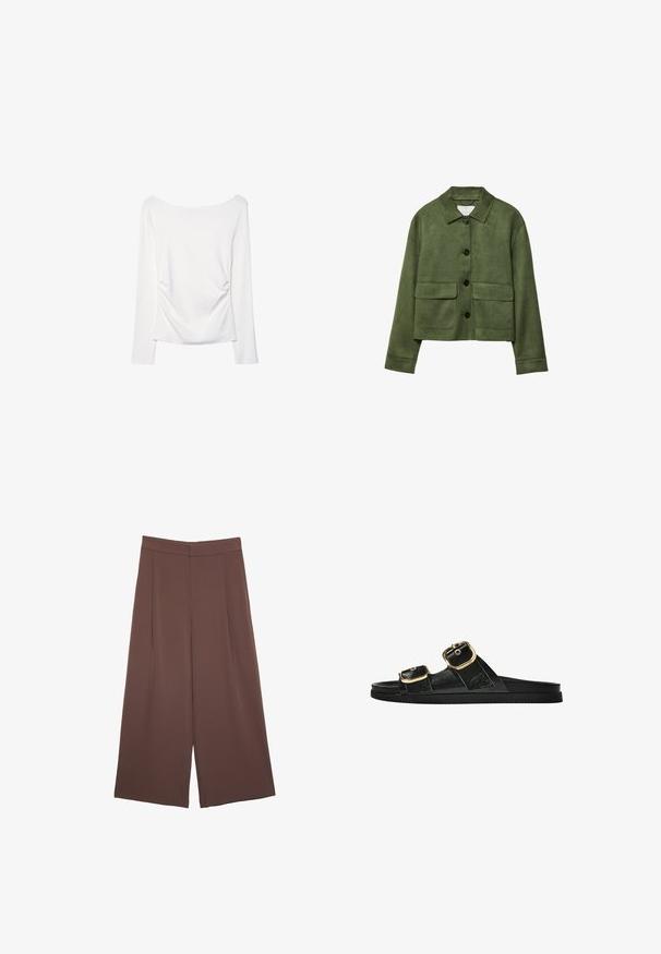 Grøn ruskindsjakke med krave, frontlukning med knapper og to store klaplommer. Har lange ærmer og et cropped design.; Langærmet hvid bluse med en bred halsudskæring og gather-detalje på ryggen. Glat tekstur, tætsiddende design.; Brune bredbunde bukser med en glat tekstur, der har høj talje og plisseringer foran. Stoffet er let og falder løst.; Sort skridsandal med to guldspænder, glat tekstureret materiale, flad sål og et minimalistisk design.