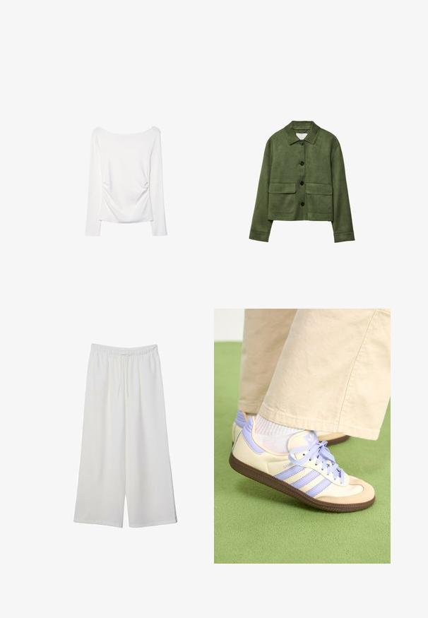 Zielona zamszowa kurtka z kołnierzem, z przodu na guziki i dwiema dużymi kieszeniami z klapami. Posiada długie rękawy i krótki fason.; Biała bluzka z długim rękawem z szerokim dekoltem i marszczeniem z tyłu. Gładka tekstura, dopasowany krój.; Białe szerokie spodnie wykonane z lekkiego materiału, z elastyczną talią i sznurkiem do regulacji fasonu. Gładka tekstura.; Kremowe i lawendowe trampki z trzema paskami oraz teksturowaną brązową podeszwą, wyposażone w sznurówki i wyścieloną piętę. Górna część z miękkiego materiału.