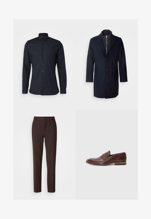 Marineblauwe wollen mix jas met een geknipt revers, vijf knopen aan de voorkant, zijzakken en een zwarte geïsoleerde binnenvoering. Middenlange ontwerp.; Donkerblauwe overhemdd met een klassieke kraag, lange mouwen en een gladde katoen stof. Voorzien van bijpassende knopen aan de voorkant.; Bruine broeken met een recht model, voorzien van een enkele zijplooien, een knoopsluiting en een gladde stoftextuur.; Bruine leren instapschoen met een gestructureerd paneel, een lichtpuntige neus en een kleine hak. Inclusief decoratieve stiksels.