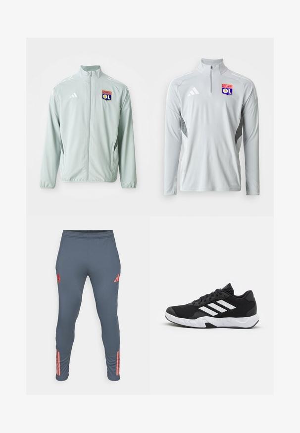 Svetlozelená športová bunda s stojacím golierom, s bielymi pruhmi adidas a logom Olympique Lyonnais na ľavej hrudi.; Svetlosivý športový pulóver s dlhým rukávom a polovičným zipsom, s bielymi bočnými akcentmi a vyšitým logom Olympique Lyonnais.; Šedé športové nohavice s elastickým pásom, bočnými vreckami a ružovými trojpruhovými akcentmi na nohách. Obsahujú okrúhly logo na ľavom stehne.; Čierne športové topánky s textúrovaným sieťovinovým zvrškom, bielymi akcentovými pruhmi, polstrovanou podrážkou a spevneným pätou pre podporu.