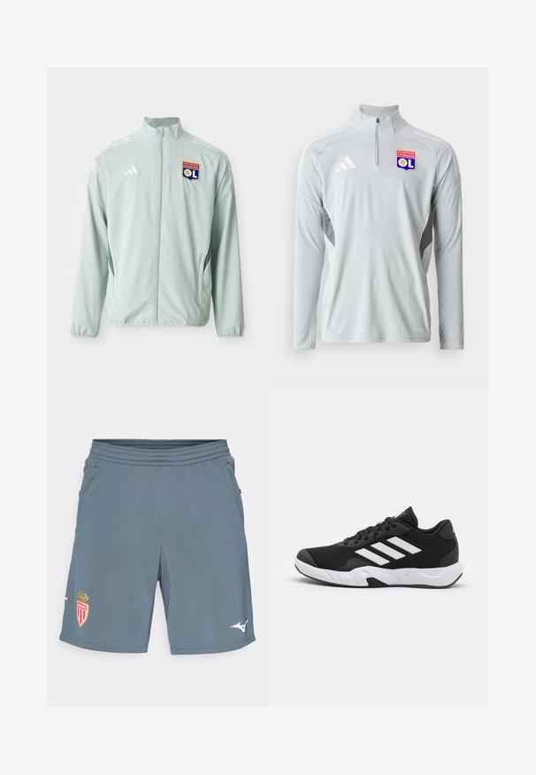 Vihreä urheiluJacke, jossa on pystypiha, valkoiset adidas-raidat ja Olympique Lyonnais -logo vasemmassa rinnassa.; Harmaa pitkähihainen urheiluhaalari, jossa on puolivetoketju ja valkoiset sivuakkentit sekä brodeerattu Olympique Lyonnais -logo.; Harmaat urheilushortsit, jotka on valmistettu kevyestä kankaasta. Niissä on joustava vyötärö, sivutaskut ja punakultainen joukkueen logo vasemmassa lahkeessa.; Mustat urheilukengät, joissa on teksturoitu verkkomateriaali yläosassa, valkoiset korostusraidat, pehmustettu pohja ja vahvistettu kanta tuen vuoksi.