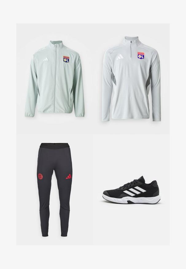 Svijetlozelena atletska jakna s visokim ovratnikom, sa bijelim adidas prugama i logotipom Olympique Lyonnais na lijevoj strani prsiju.; Svijetlo siva dugoslojna atletska majica s polu-zip ovratnikom, s bijelim bočnim akcentima i izvezenim logom Olympique Lyonnais.; Crne atletske hlače od rastezljivog materijala. Sadrže crveni logo Bayerna iz Münchena i tri pruge sa strane. Elastična jakna za udobnost.; Crne atletske cipele s teksturiranim mrežastim gornjim dijelom, bijelim naglasnim trakama, podstavljenim potplatom i ojačanim petom za podršku.